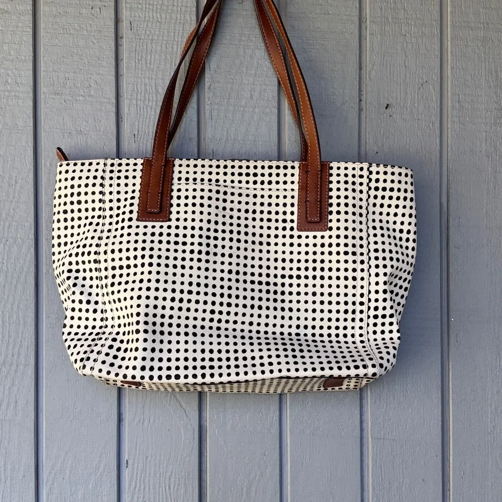 Fossil White Tote with Black Polka Dots and Brown Leather Trim